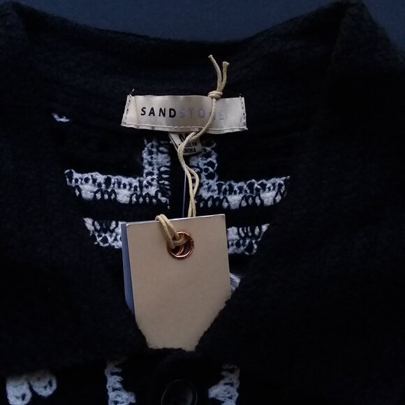 Crochet Floral Square Patchwork Black Ivory Polo Knit Button Shirt by Sandstone - Picture 6 of 8